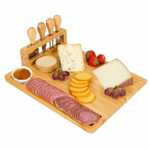 Bamboo Cheese Board Charcuterie Cheese Platter Board Serving Tray with Cutlery Set for Perspective: front