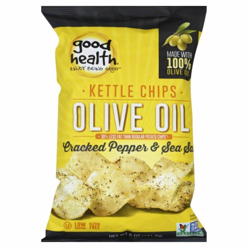 Good Health Inc.  Kettle Style Olive Oil Potato Chips  Cracked Pepper & Sea Salt Perspective: front