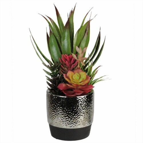 Northlight 32556432 15 in. Artificial Succulents & Agave in Decorative Silver Ceramic Pot Perspective: front