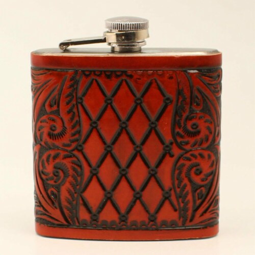 M&F Western DFL02 6 oz Tooled Cognac Leather Wrap Flask Perspective: front