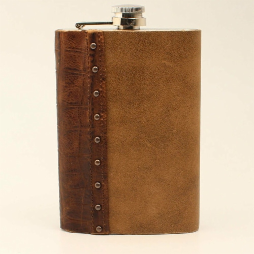 M&F Western DFL03 9 oz Distressed Medium Brown & Croc Leather Flask Perspective: front