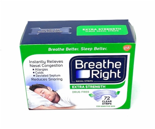 Breathe Right Nasal Strips, Extra Clear for Sensitive Skin, 72 Clear Strips Perspective: front