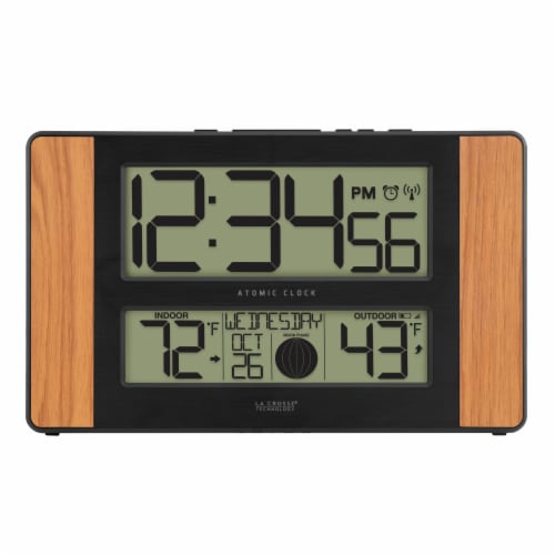 La Crosse Atomic Digital Clock with Moon Phase & I/O Temp - Brown / Black Perspective: front