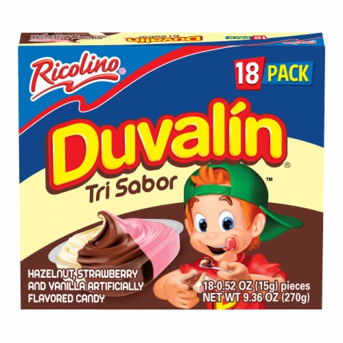 Ricolino® Duvalin® Tri Sabor Hazelnut Strawberry and Vanilla Candy Pack Perspective: front