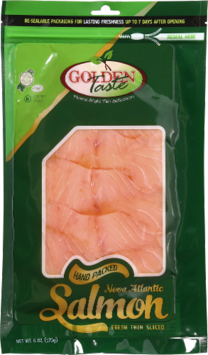 Golden Taste Hand Packed Fresh Thin Sliced Nova Atlantic Salmon Perspective: front