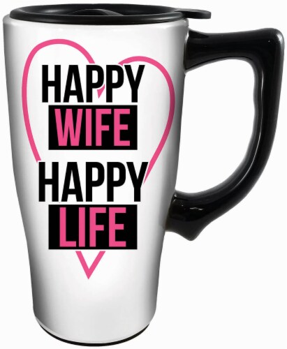 Spoontiques Happy Wife Happy Life Ceramic Travel Mug Perspective: front