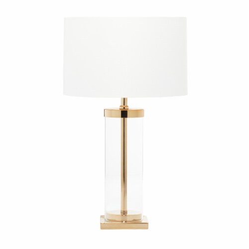Juniper + Iris Contemporary Cylinder Gold Metal & Glass Table Lamp with Drum Shade Perspective: front