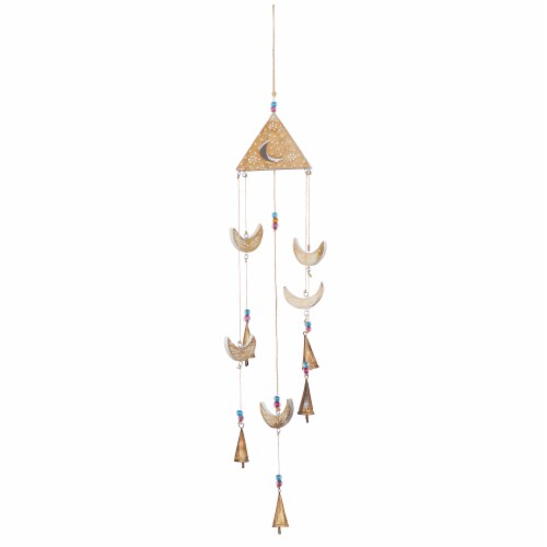 Juniper + Iris Gold Mango Wood Eclectic Style Moon Windchime Perspective: front