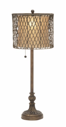 Juniper + Iris Traditional Style Buffet Table Lamp with Linen and Rattan Drum Shade - Brown Perspective: front