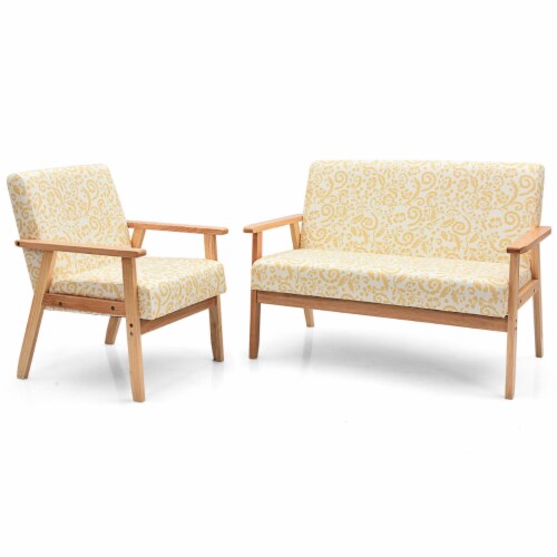Modern Living Room Sofa Set w/ Loveseat Sofa Couch & Accent Armchair Yellow Floral Perspective: front