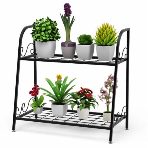 Gymax 2-tier Metal Plant Stand Shelf Flower Pot Holder Display Rack Shoe Organizer Perspective: front