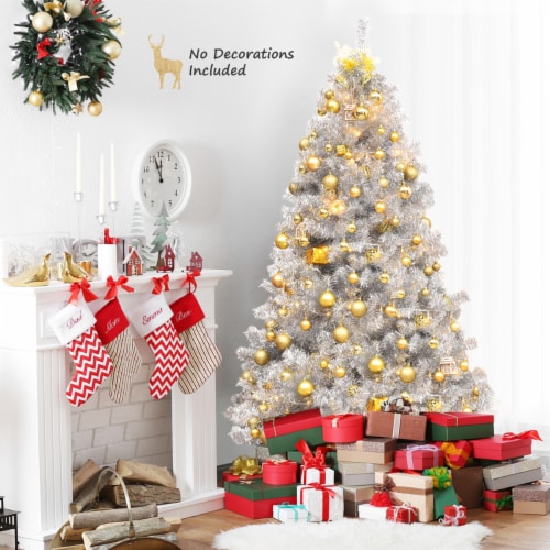 6 FT Silver Tinsel Christmas Tree Artificial Hinged Tree Holiday Decoration Perspective: front