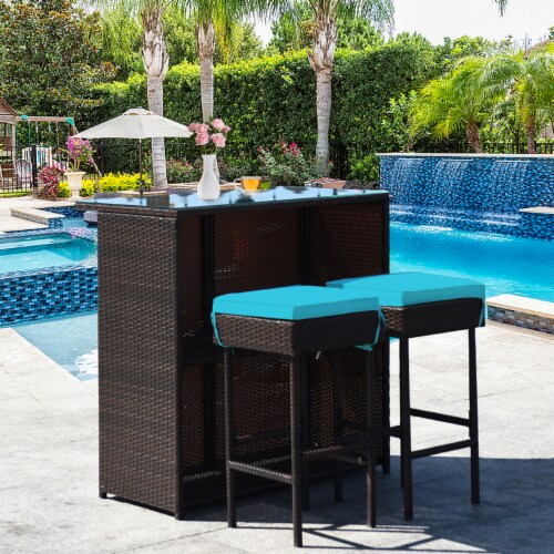 3PCS Rattan Patio Bar Table Stool Set Dining Set w Turquoise