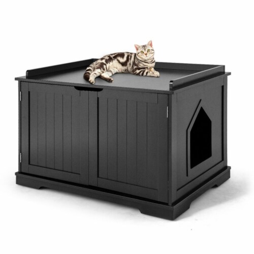 Gymax Cat Litter Box Wooden Enclosure Pet House Sidetable Washroom Storage Bench Black Perspective: front