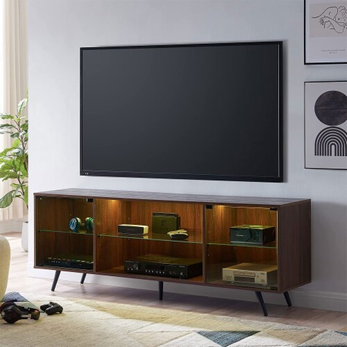 OKD Modern 75 Inch TV Stand w LED Lights Shelves Magnetic Doors Dark Walnut 1 Piece Harris Teeter