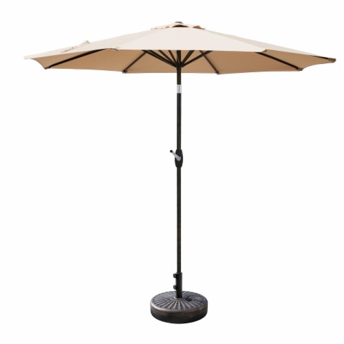 WestinTrends 9 ft. Patio Table Umbrella w/Black Round Freestanding Weight Base, Beige Perspective: front