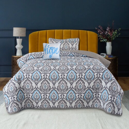 Lux Decor Collection Microfiber Down Alternative 3Pcs Quilt Set (Twin-Dark Grey Azita) Perspective: front