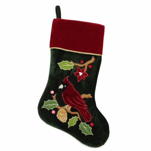 Northlight 20.5 Red and Green Cardinal Embroidered Christmas Stocking Perspective: front