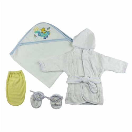Bambini CS-0001 Boys Infant Robe, Hooded Towel & Washcloth Mitt, White & Blue - Newborn Perspective: front