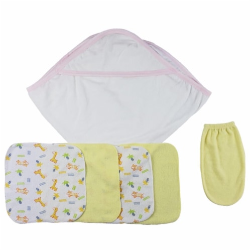 Bambini CS-0007 Hooded Towel, Washcloths & Hand Washcloth Mitt, White & Pink - Newborn Perspective: front