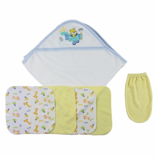 Bambini CS-0009 Hooded Towel, Washcloths & Hand Washcloth Mitt, White & Blue - Newborn Perspective: front