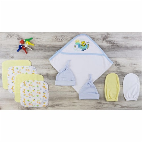 Bambini LS-0620 Hooded Towel, Hats & Wash Cloths - Blue, Yellow & White - Newborn Perspective: front