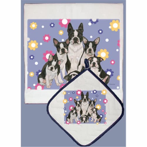 Pipsqueak Productions DP542 Dish Towel and Pot Holder Set - Boston Terrier Family Perspective: front