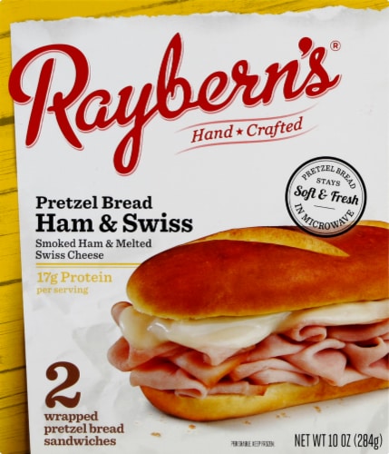 Raybern's Ham & Swiss on Pretzel Roll Sandwich Perspective: front