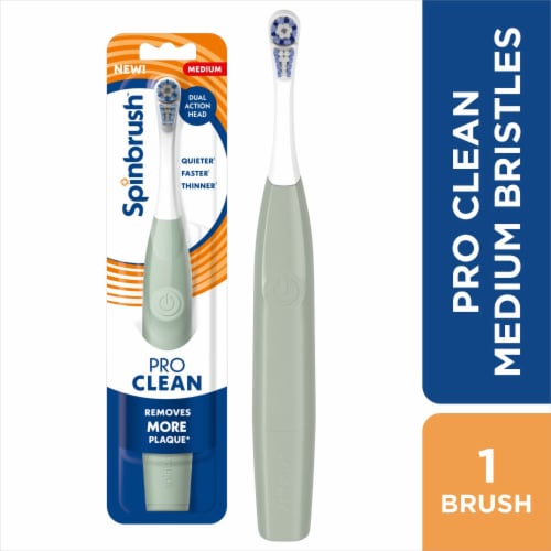 Spinbrush Pro Clean Medium Bristles Sage Green Battery Powered Electric Toothbrush Perspective: front