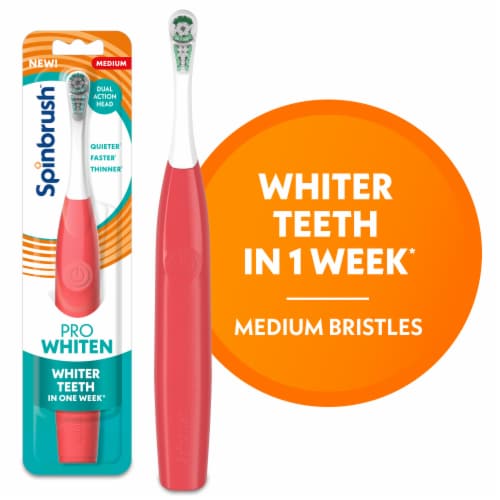 Spinbrush Pro Whiten Medium Bristles Coral Battery Powered Electric Toothbrush Perspective: front