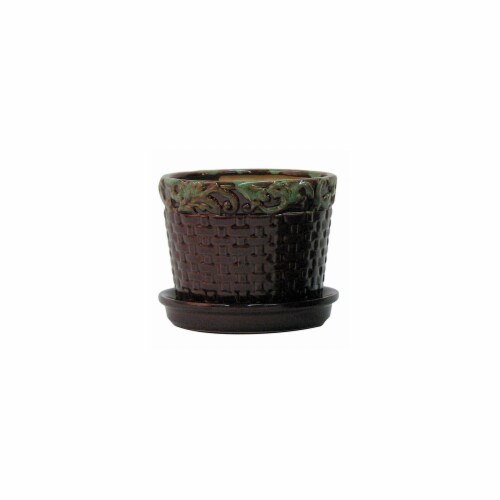 Border Concepts 227804 6.75 in. Deco Rim Basketweave Planter, Moss Brown Perspective: front