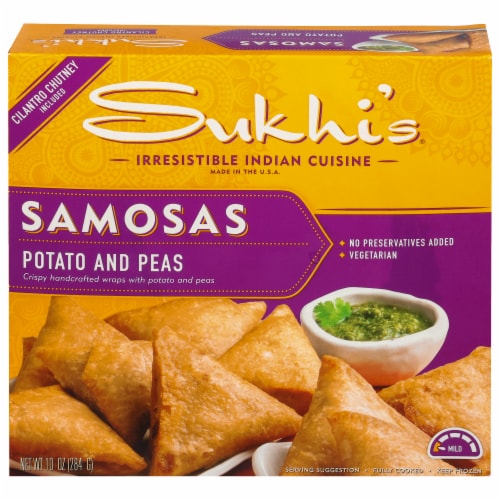 Sukhi's Indian Potato & Pea Samosa Frozen Appetizer Vegetarian Snack with Cilantro Chutney Sauce Perspective: front