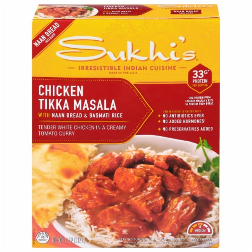 Sukhi's Frozen Chicken Tikka Masala Indian Curry Meal with Soft Naan Bread & Basmati Rice Perspective: front