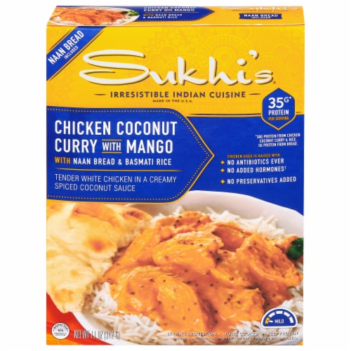 Sukhi’s Frozen Chicken Coconut Indian Curry Meal with Soft Naan Bread & Basmati Rice