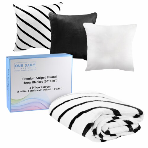 Black and White with Stripes Flannel Throw Blanket and 3 Pillow Cases Perspective: front
