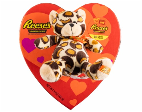 Reese's Valentine's Miniature Peanut Butter Cups Candy Heart Box with Leopard Plush Perspective: front