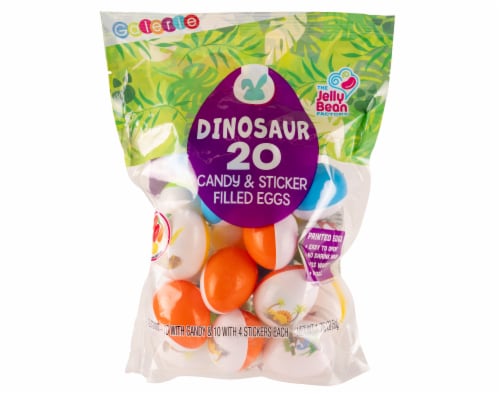 Galerie The Jelly Bean Factory Dinosaur Candy & Sticker Filled Eggs Easter Candy Bag Perspective: front