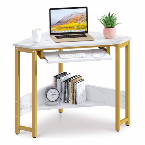 ODK Modern Triangle Corner Computer Desk with Smooth Keyboard Tray, Gold Marble Perspective: front