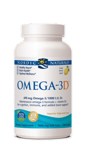 Nordic Naturals® Omega-3D™ 690 mg / 1000 IU D3 Fish Oil Lemon Softgels Perspective: front