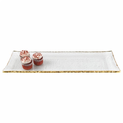 Hand Decorated Gold Leaf Edge Rectangular Mouth Blown Glass 18X6.5   Serving Platter Or Tray Perspective: front