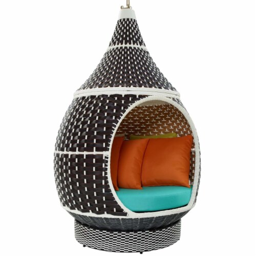 Palace Outdoor Patio Wicker Rattan Hanging Pod, Brown Turquoise Perspective: front