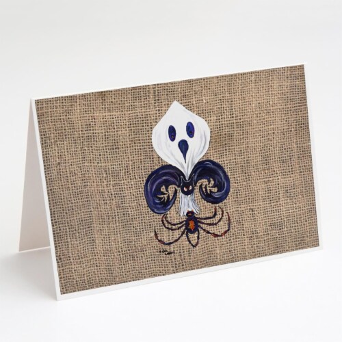 Halloween Ghost Bat & Spider Fleur De Lis on Faux Burlap Greeting Cards & Envelopes - Pack of Perspective: front