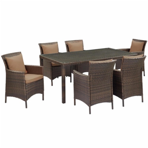 Conduit Outdoor Patio Wicker Rattan Dining Set, Brown Mocha - 7 Piece Perspective: front