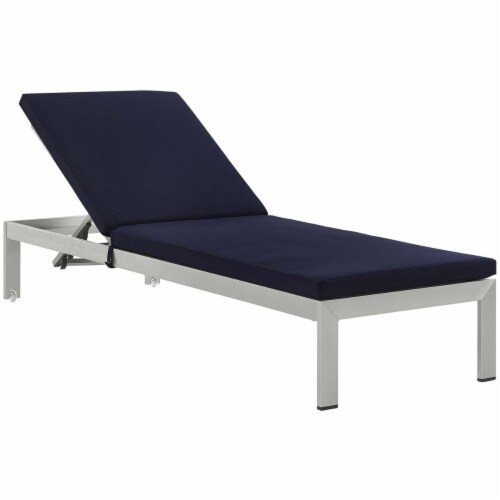 Shore Outdoor Patio Aluminum Chaise with Cushions, Silver Navy Perspective: front