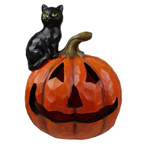 10 in. Jack-O-Lantern & Cat Tabletop Halloween Decoration&#44; Black Perspective: front