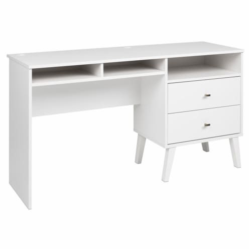 Prepac Milo Computer Desk with Side Storage and 2 Drawers in White Perspective: front