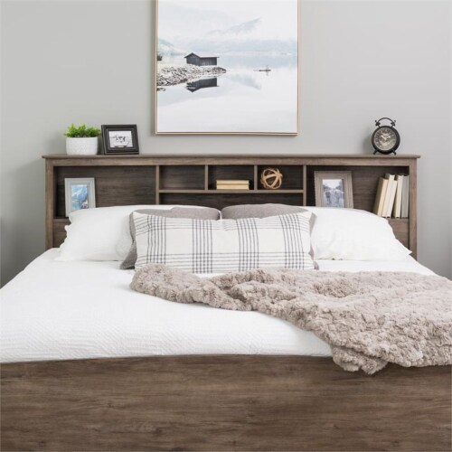 Prepac Salt Spring King Bookcase Headboard in Drifted Gray Perspective: front