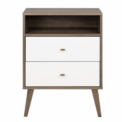 Prepac Milo Mid Century Modern 2 Drawer Nightstand in Gray White