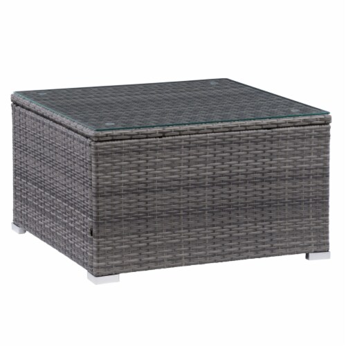 CorLiving Patio Square Glass Top Coffee Table in Blended Grey Perspective: front