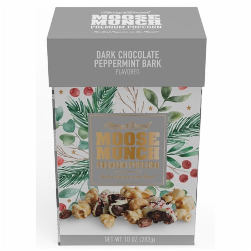 Harry & David Holiday Moose Munch Dark Chocolate Peppermint Bark Popcorn Perspective: front